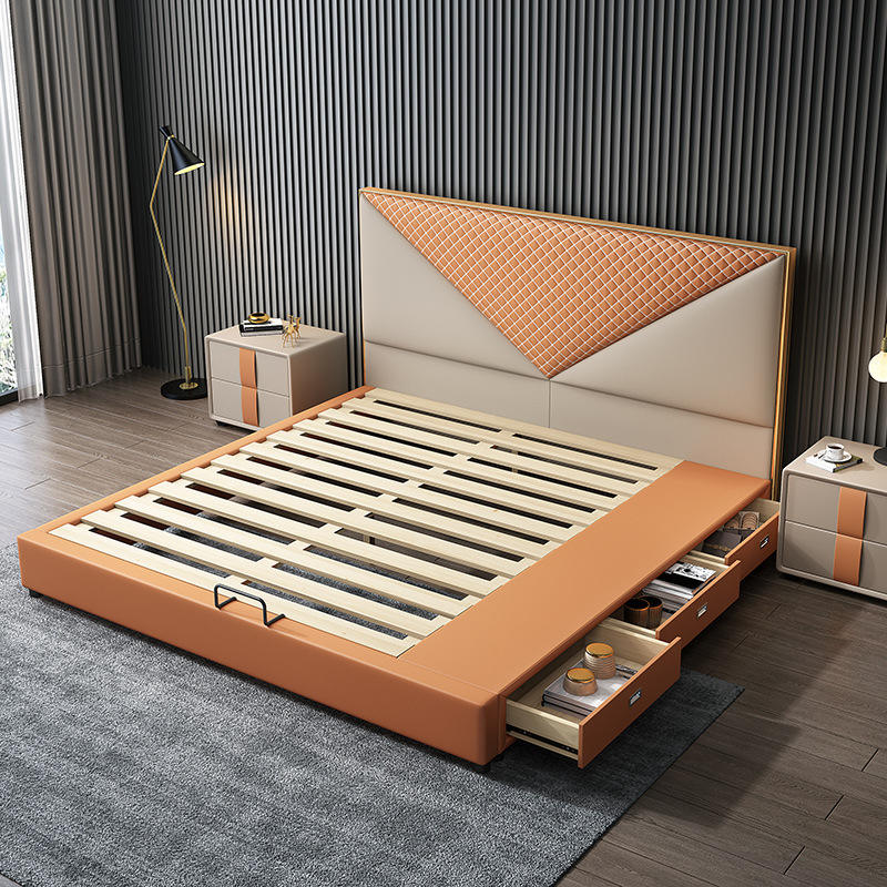 Modern säng med träram och förvaring