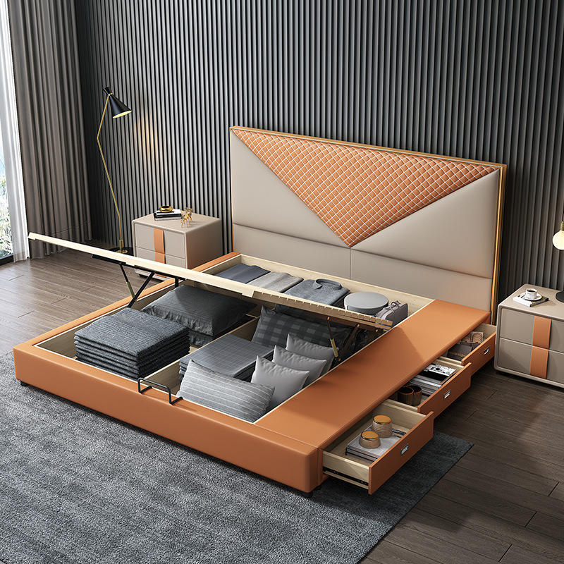 Modern säng med träram och förvaring