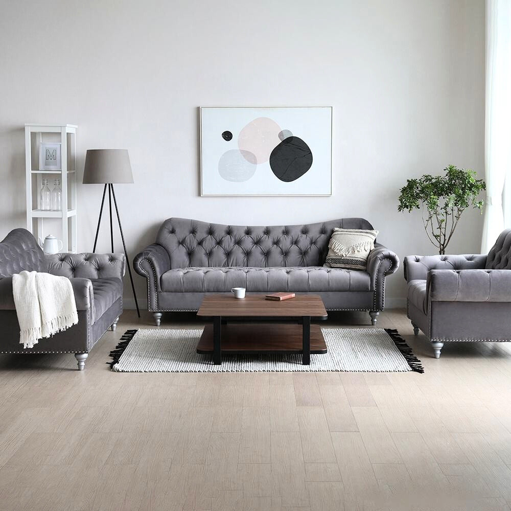 Tre-sitsig Chesterfield-soffa med knappar